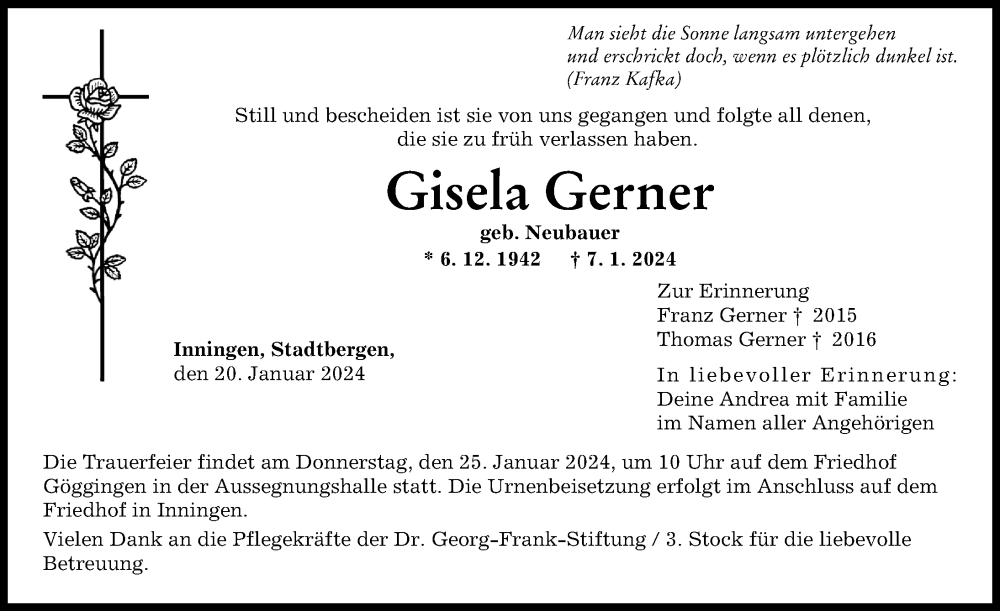 Traueranzeigen Von Gisela Gerner Augsburger Allgemeine Zeitung