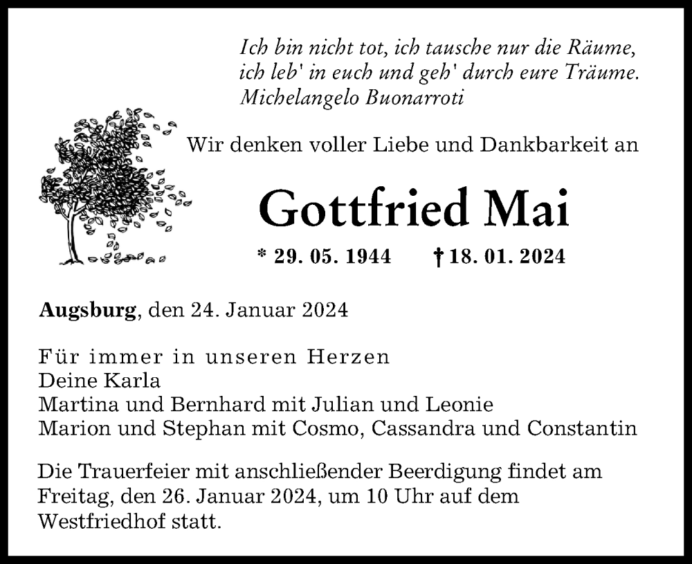 Traueranzeige von Gottfried Mai von Augsburger Allgemeine