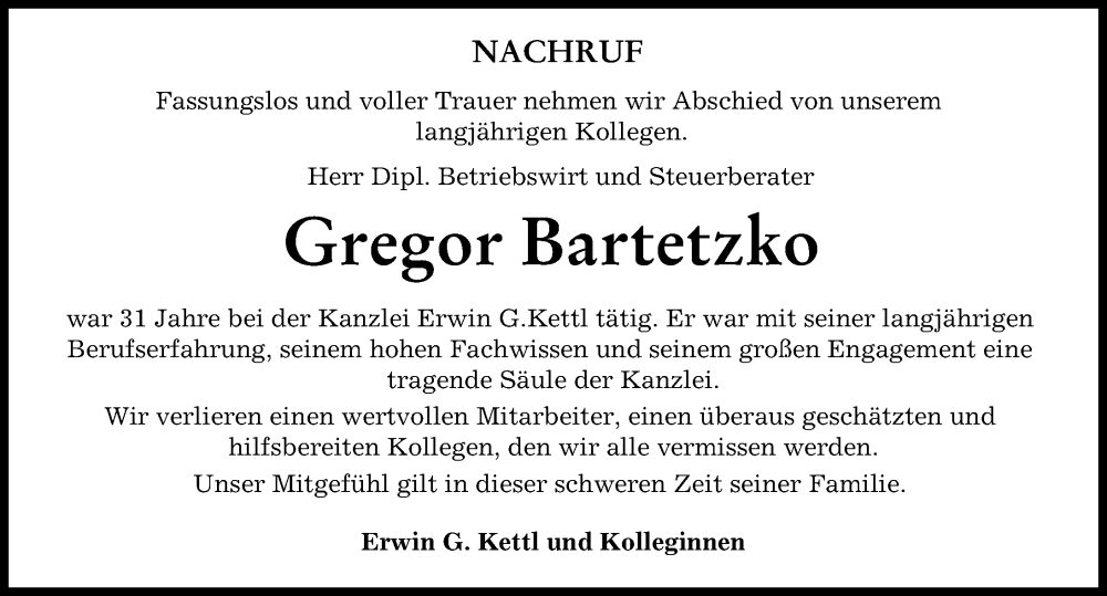 Traueranzeige von Gregor Bartetzko von Neuburger Rundschau