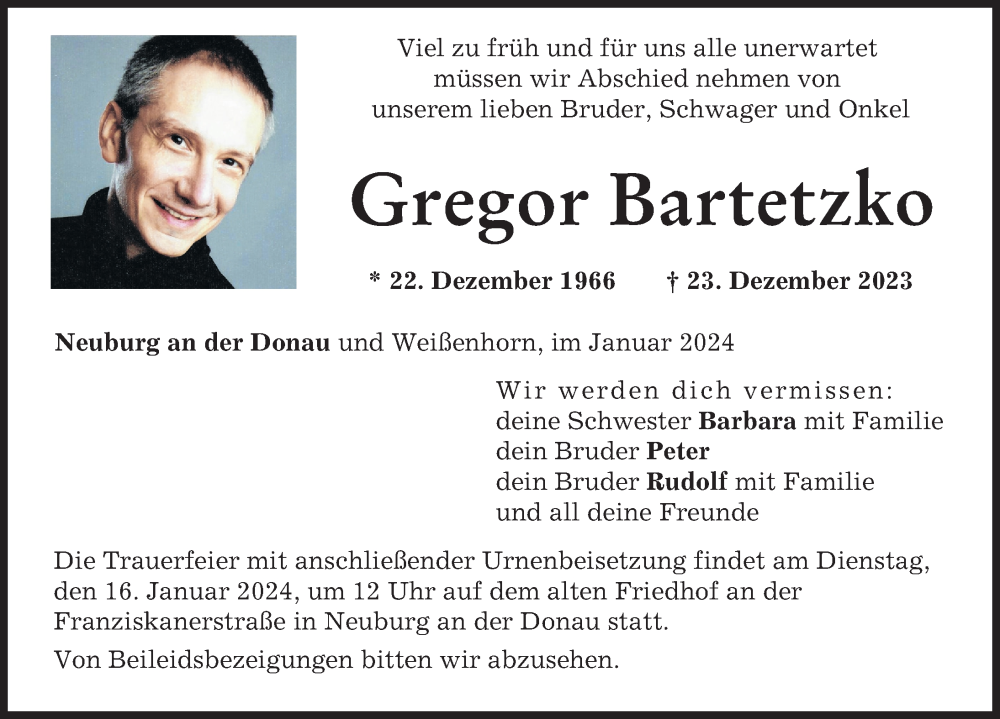 Traueranzeige von Gregor Bartetzko von Neuburger Rundschau