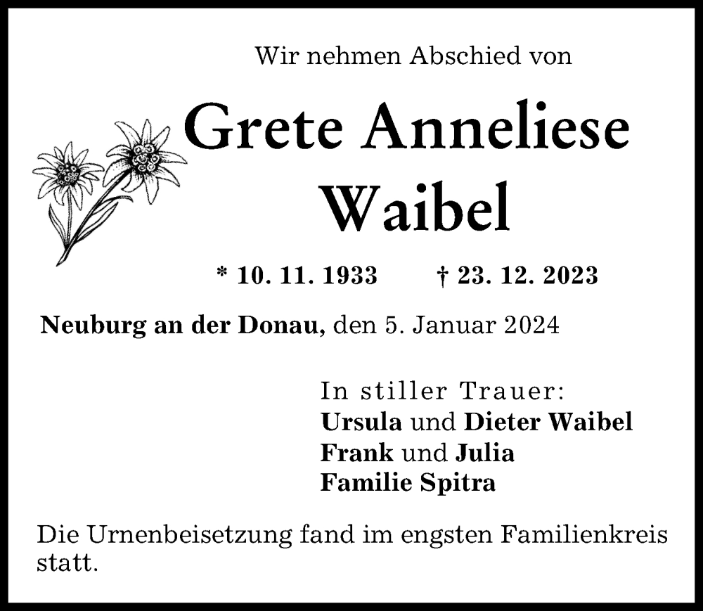 Traueranzeige von Grete Anneliese Waibel von Neuburger Rundschau