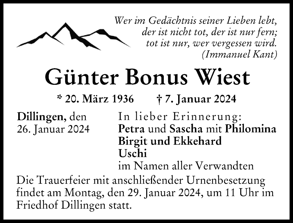 Traueranzeige von Günter Bonus Wiest von Donau Zeitung