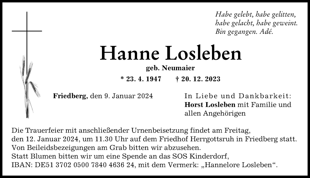 Traueranzeige von Hanne Losleben von Friedberger Allgemeine, Augsburger Allgemeine