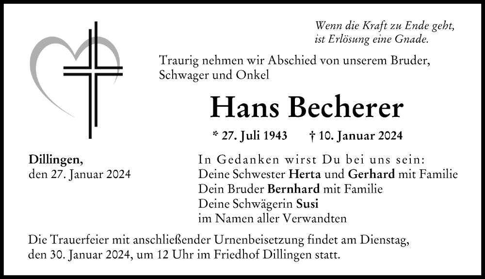 Traueranzeige von Hans Becherer von Donau Zeitung