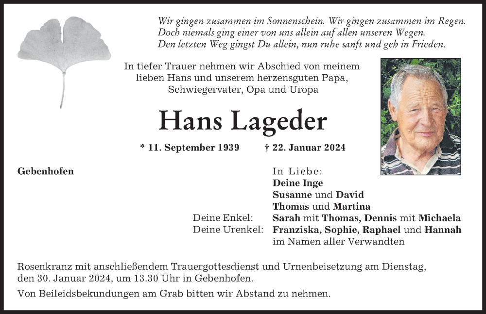  Traueranzeige für Hans Lageder vom 26.01.2024 aus Aichacher Nachrichten