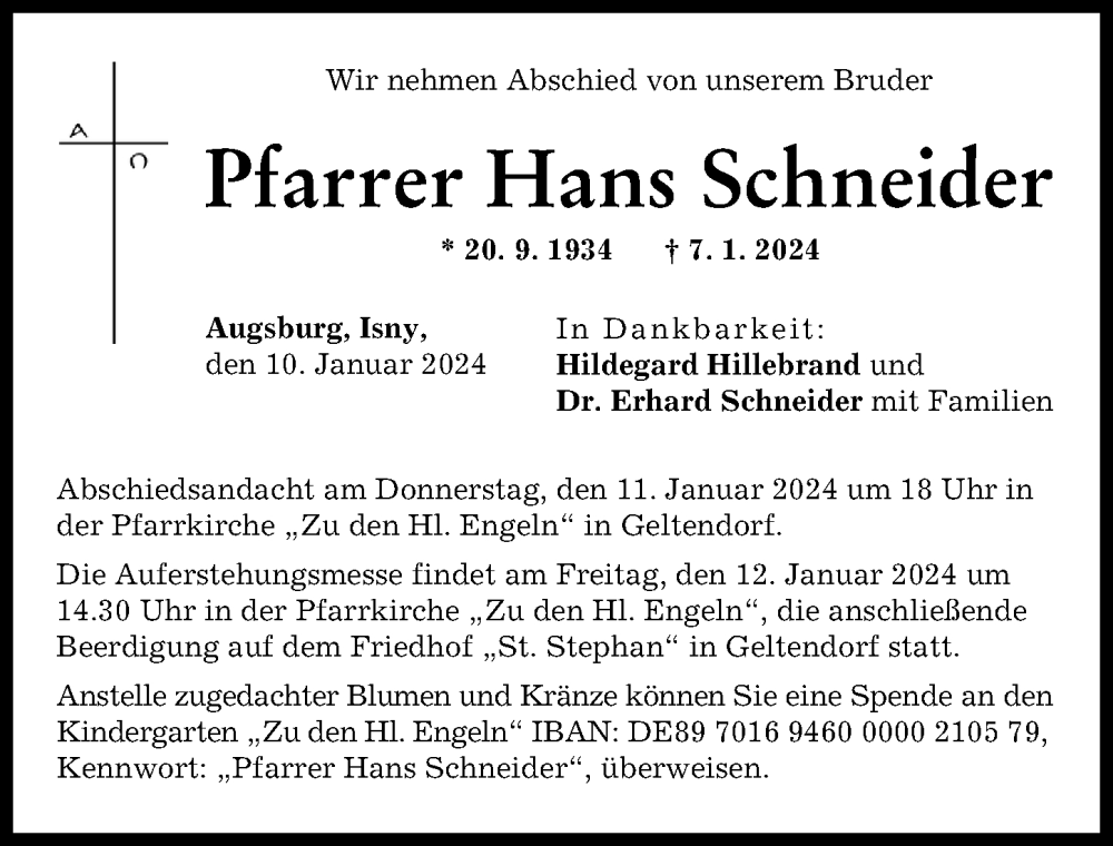  Traueranzeige für Hans Schneider vom 10.01.2024 aus Landsberger Tagblatt