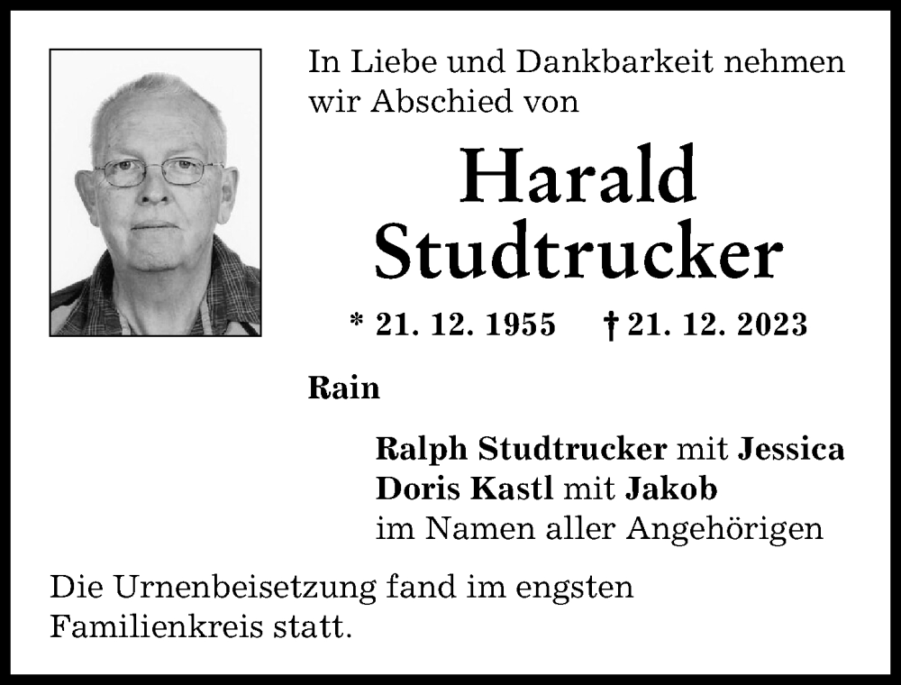 Traueranzeige von Harald Studtrucker von Donauwörther Zeitung