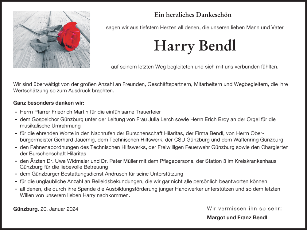 Traueranzeige von Harry Bendl von Günzburger Zeitung