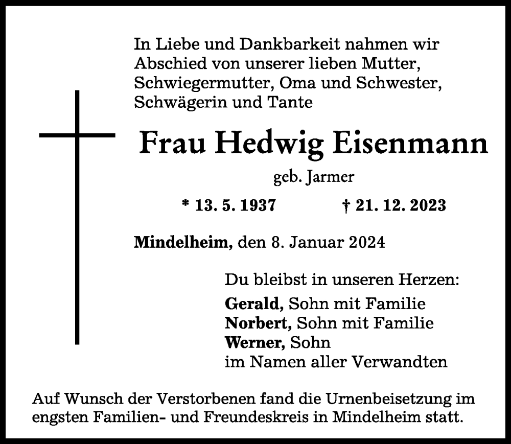 Traueranzeige von Hedwig Eisenmann von Mindelheimer Zeitung