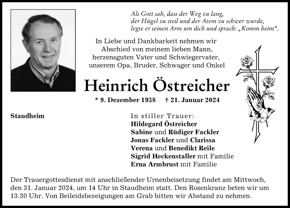 Traueranzeige von Heinrich Östreicher von Neuburger Rundschau, Donauwörther Zeitung