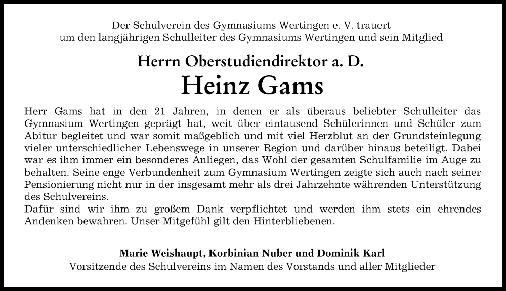 Traueranzeige von Heinz Gams von Augsburg-Land, Wertinger Zeitung