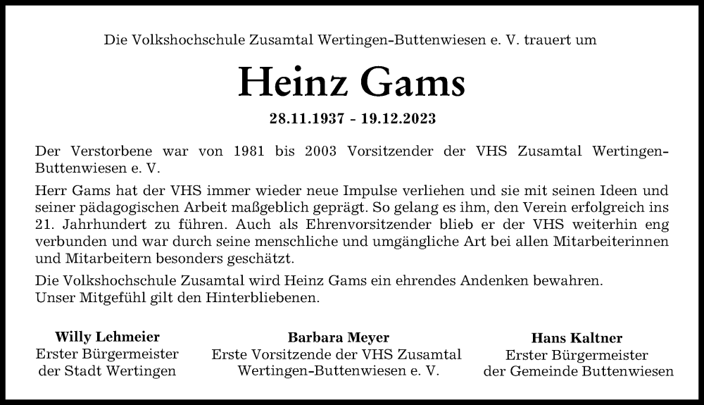 Traueranzeige von Heinz Gams von Wertinger Zeitung