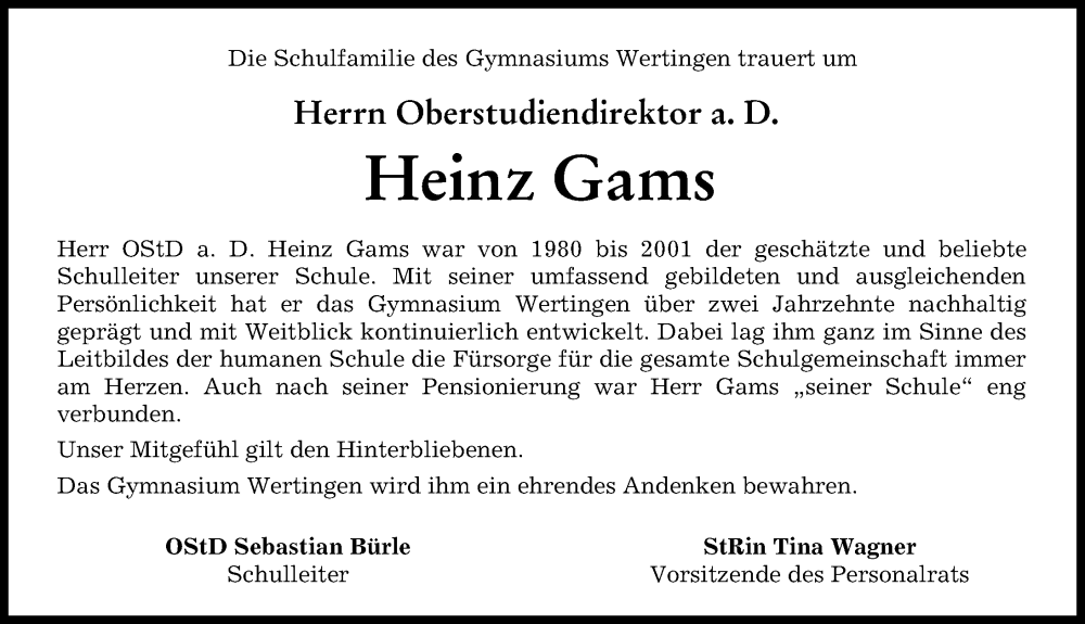 Traueranzeige von Heinz Gams von Augsburg-Land, Wertinger Zeitung