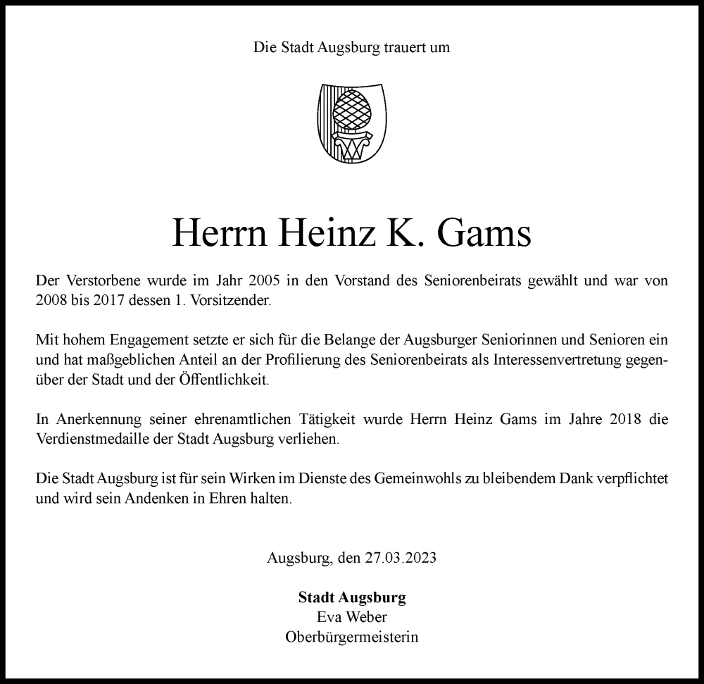 Traueranzeige von Heinz K. Gams von Augsburger Allgemeine