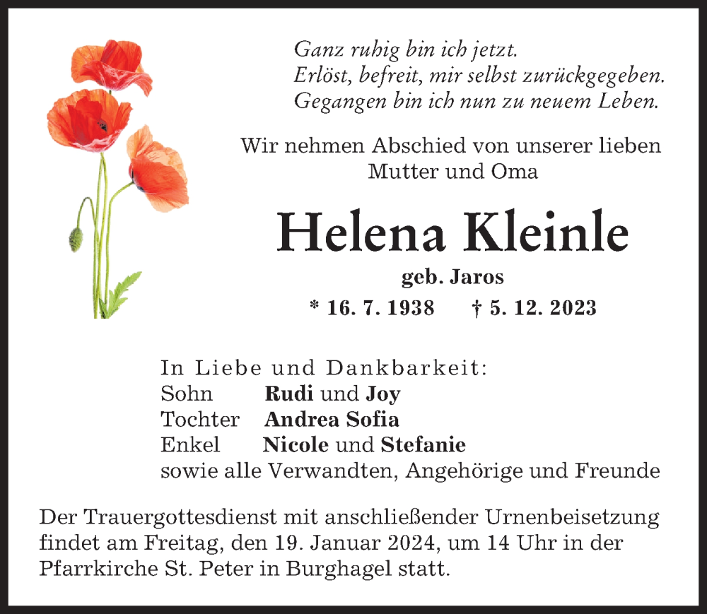 Traueranzeige von Helena Kleinle von Donau Zeitung