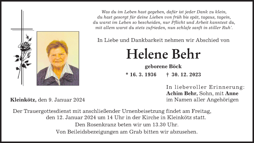 Traueranzeige von Helene Behr von Günzburger Zeitung