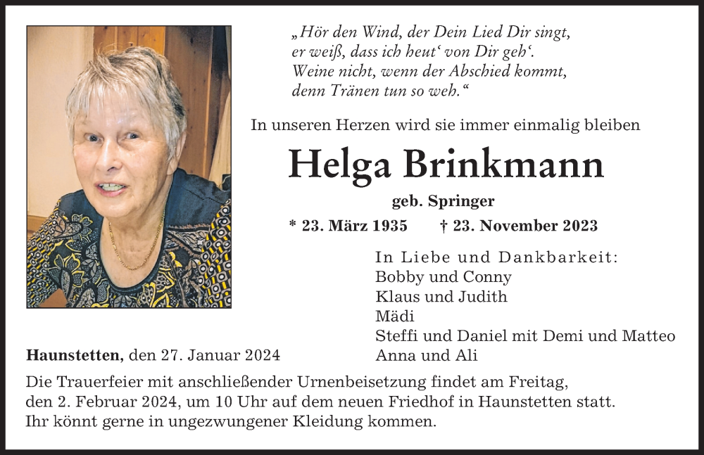 Traueranzeige von Helga Brinkmann von Augsburger Allgemeine