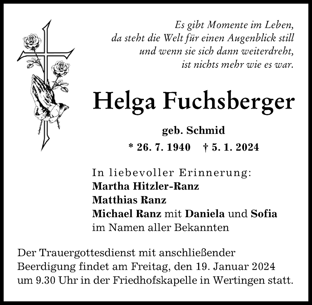 Traueranzeige von Helga Fuchsberger von Wertinger Zeitung