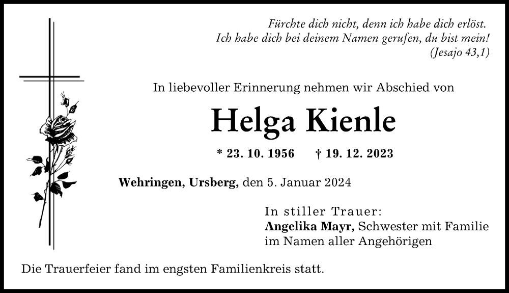 Traueranzeige von Helga Kienle von Schwabmünchner Allgemeine