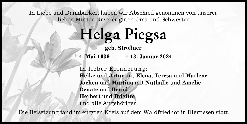  Traueranzeige für Helga Piegsa vom 31.01.2024 aus Illertisser Zeitung