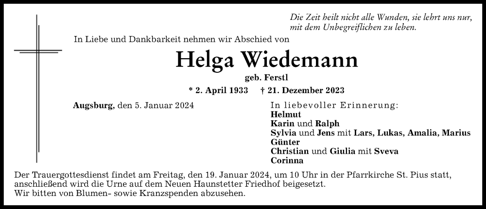 Traueranzeige von Helga Wiedemann von Augsburger Allgemeine