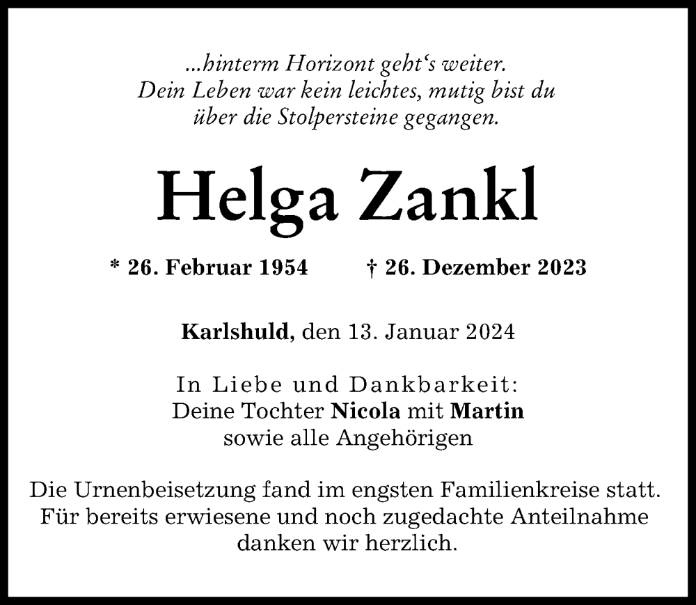 Traueranzeige von Helga Zankl von Neuburger Rundschau