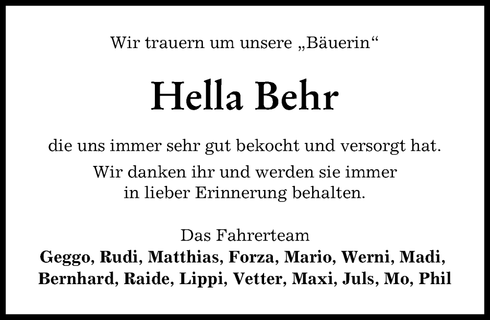Traueranzeige von Hella Behr von Günzburger Zeitung