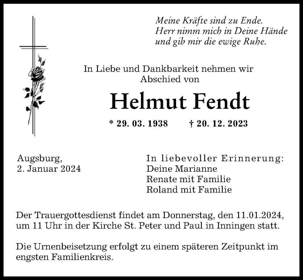 Traueranzeige von Helmut Fendt von Augsburger Allgemeine