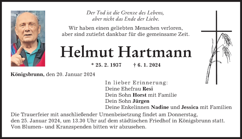 Traueranzeige von Helmut Hartmann von Schwabmünchner Allgemeine