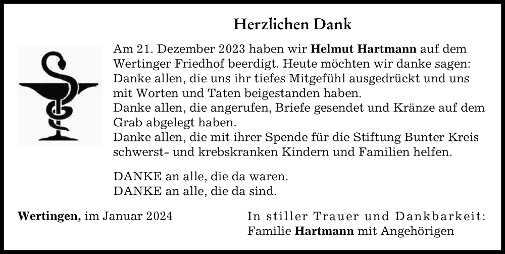 Traueranzeige von Helmut Hartmann von Wertinger Zeitung