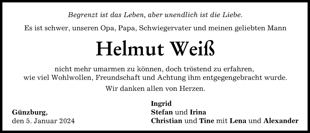 Traueranzeige von Helmut Weiß von Günzburger Zeitung