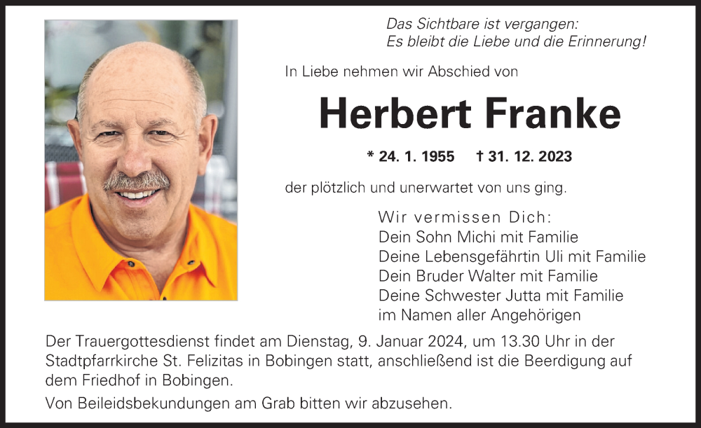 Traueranzeige von Herbert Franke von Augsburger Allgemeine