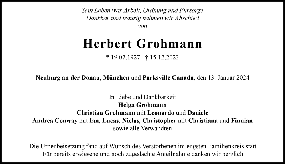 Traueranzeige von Herbert Grohmann von Neuburger Rundschau