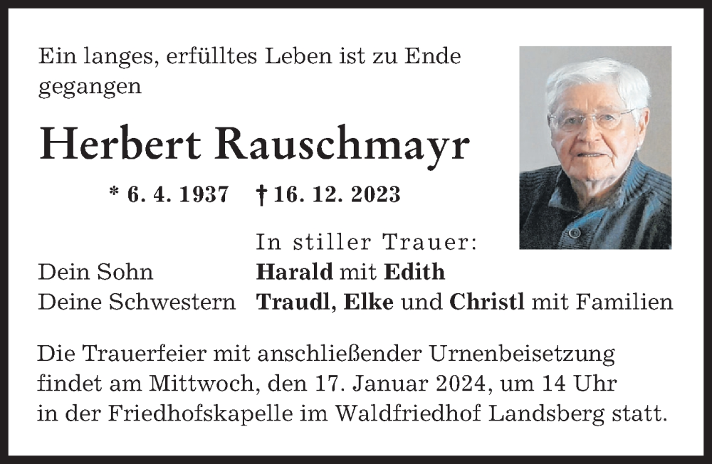 Traueranzeige von Herbert Rauschmayr von Landsberger Tagblatt