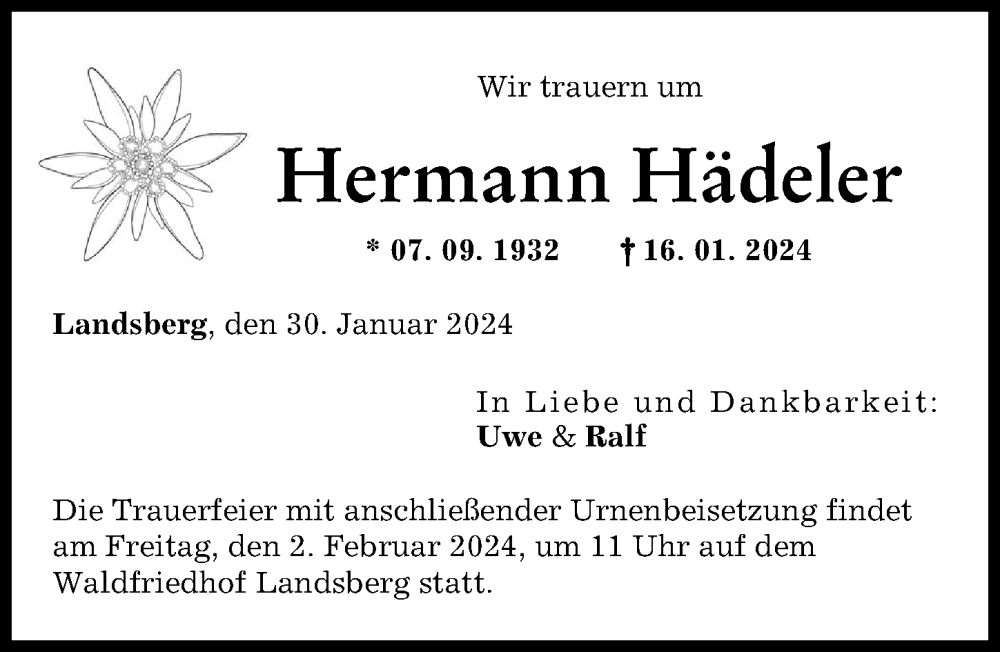 Traueranzeige von Hermann Hädeler von Landsberger Tagblatt