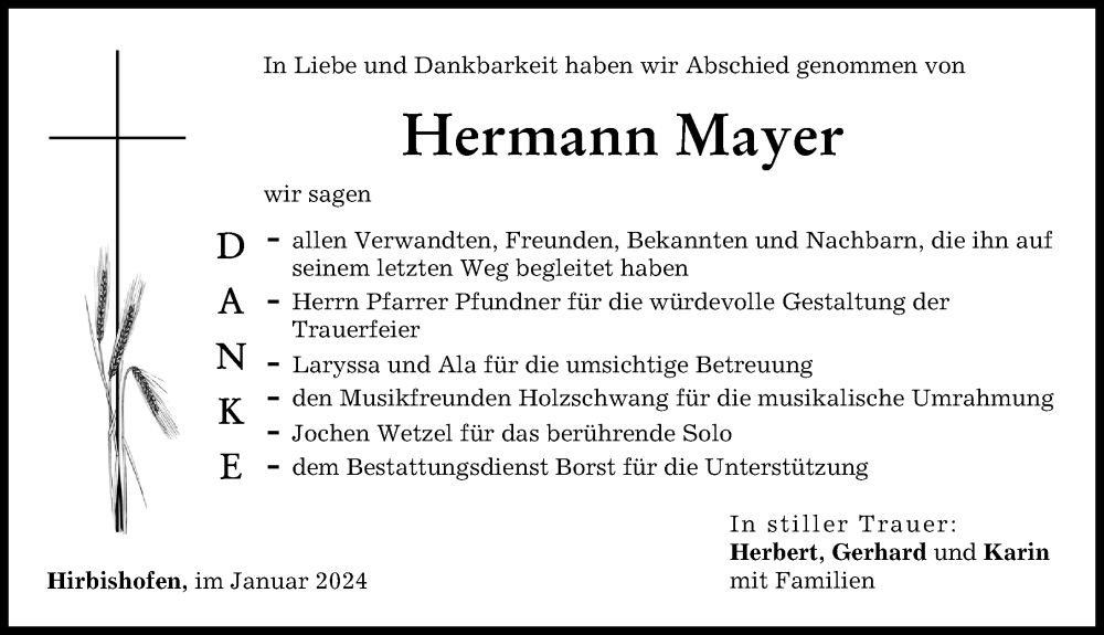Traueranzeige von Hermann Mayer von Neu-Ulmer Zeitung