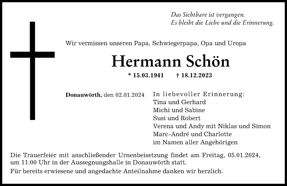 Traueranzeige von Hermann Schön von Donauwörther Zeitung