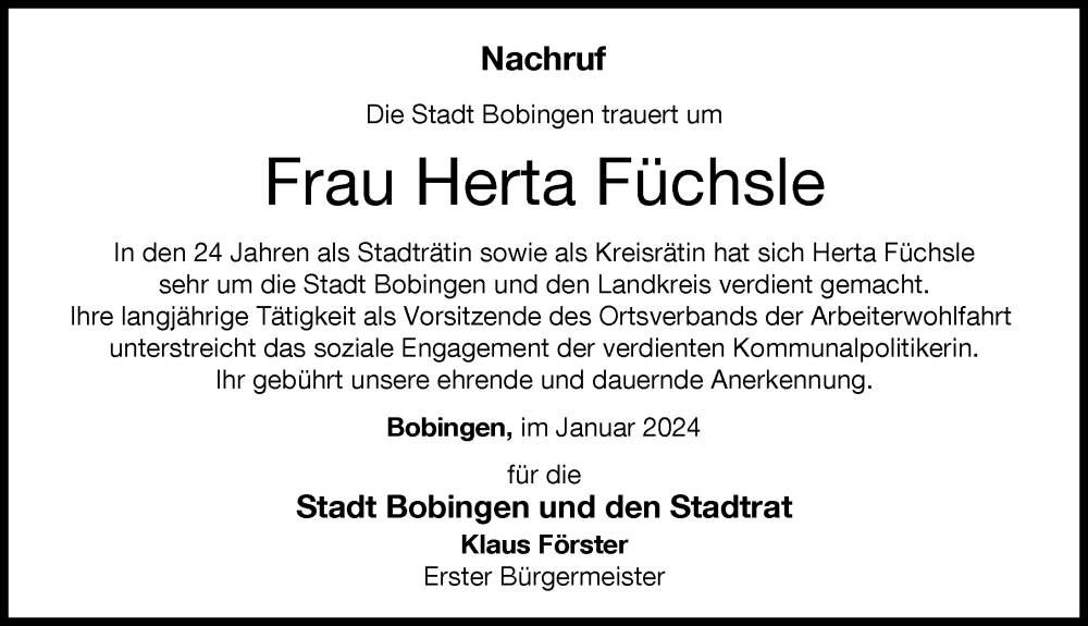  Traueranzeige für Herta Füchsle vom 17.01.2024 aus Schwabmünchner Allgemeine
