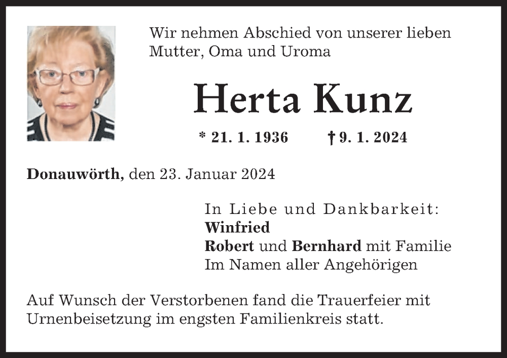 Traueranzeige von Herta Kunz von Donauwörther Zeitung