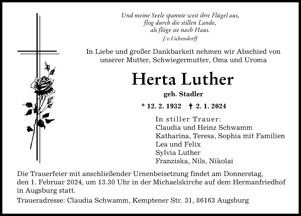 Traueranzeige von Herta Luther von Augsburger Allgemeine