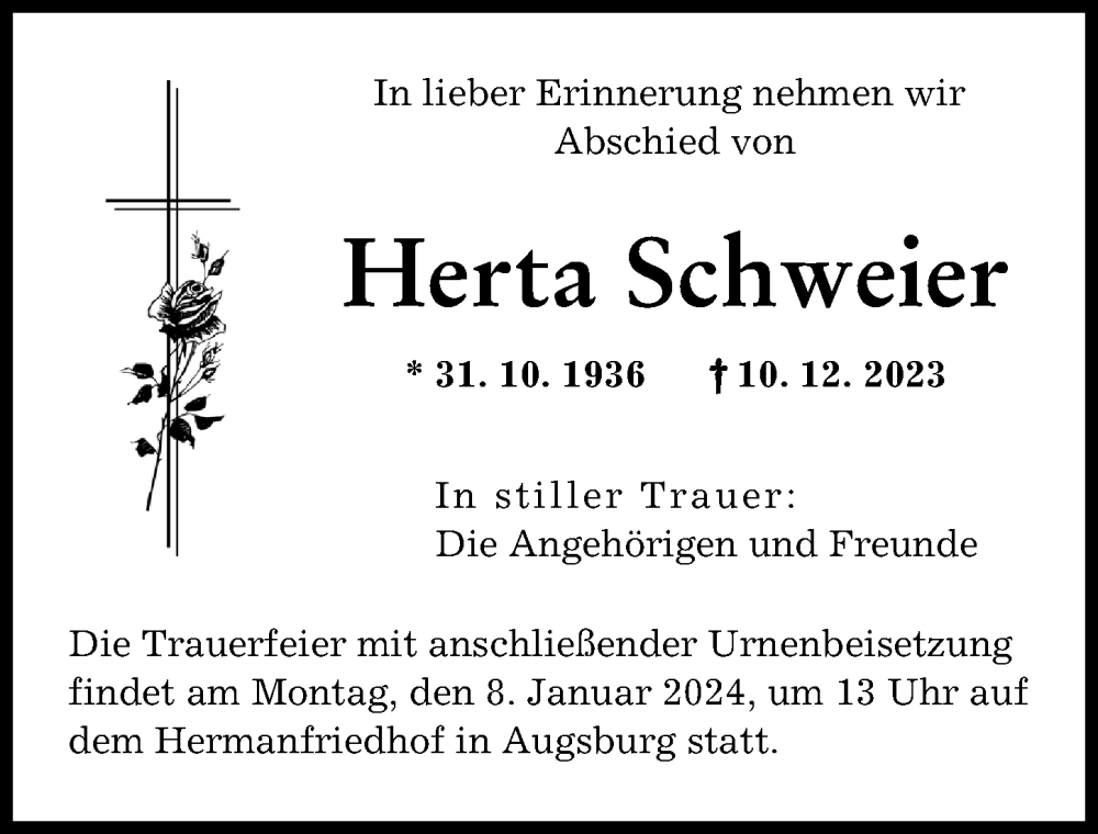 Traueranzeige von Herta Schweier von Augsburger Allgemeine