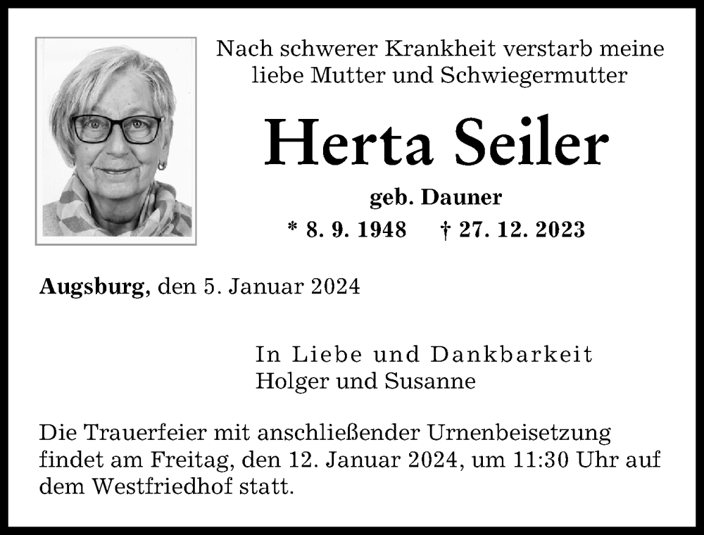 Traueranzeige von Herta Seiler von Augsburger Allgemeine