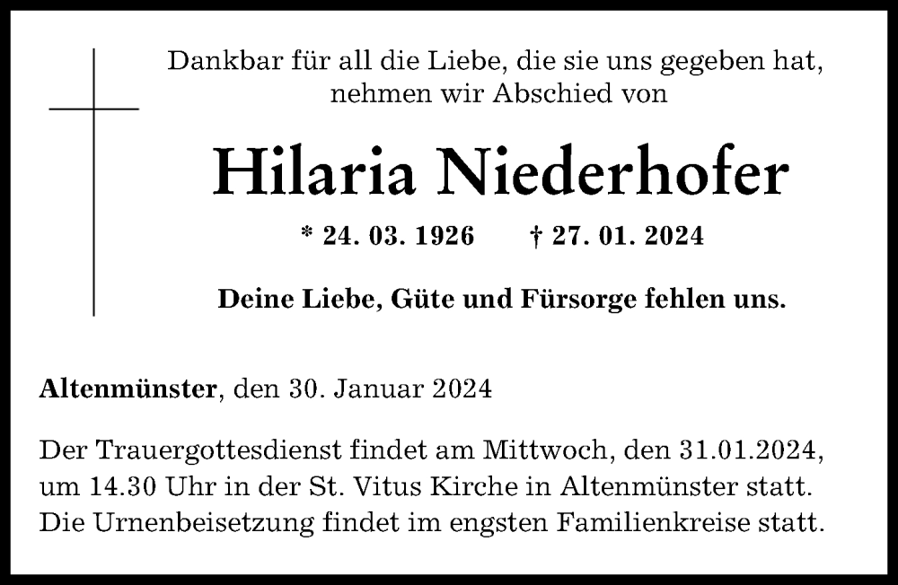  Traueranzeige für Hilaria Niederhofer vom 30.01.2024 aus Augsburg-Land