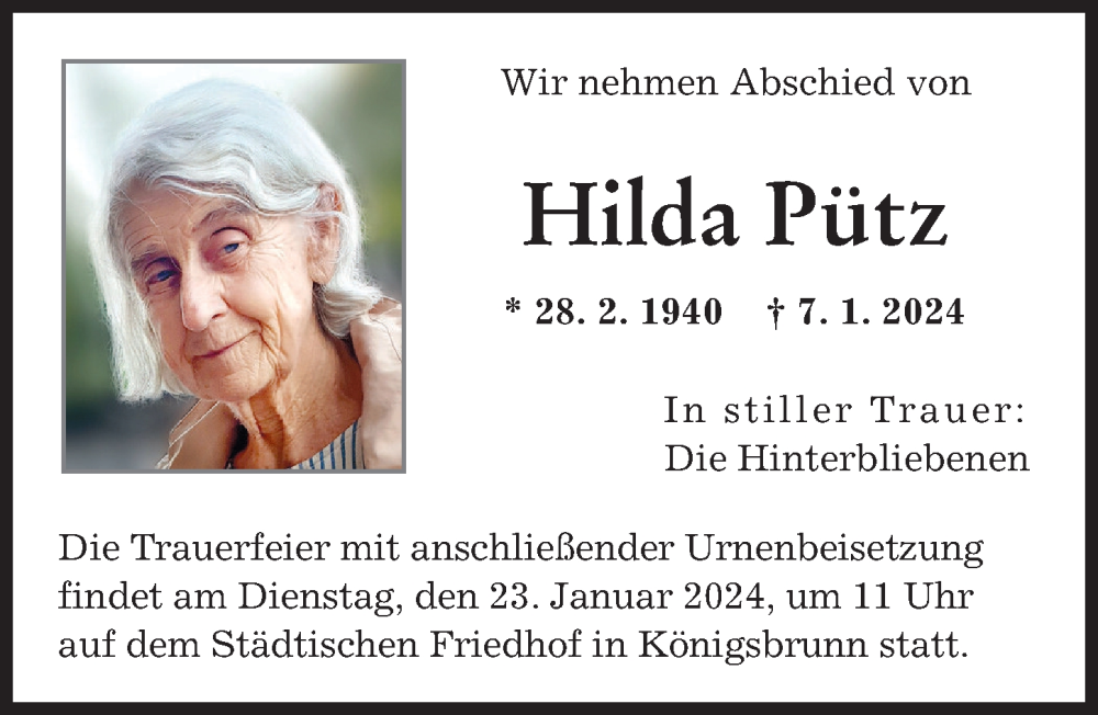 Traueranzeige von Hilda Pütz von Augsburger Allgemeine