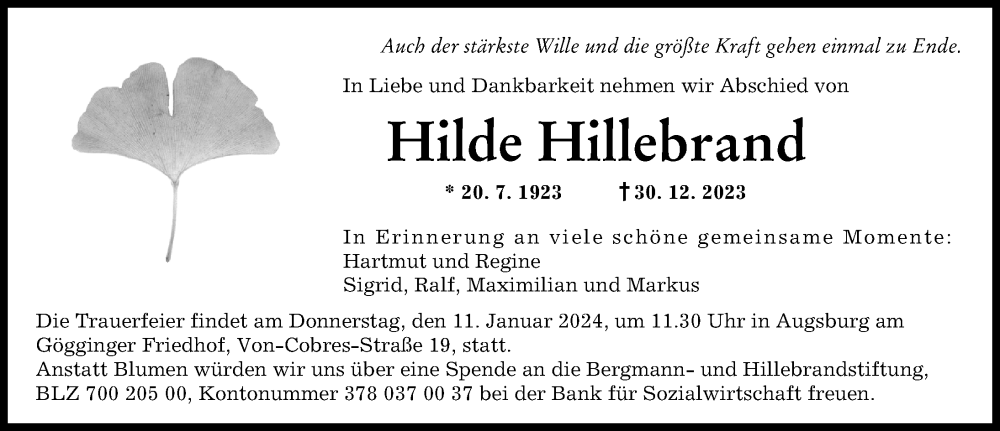  Traueranzeige für Hilde Hillebrand vom 05.01.2024 aus Augsburger Allgemeine