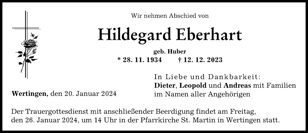 Traueranzeige von Hildegard Eberhart von Wertinger Zeitung