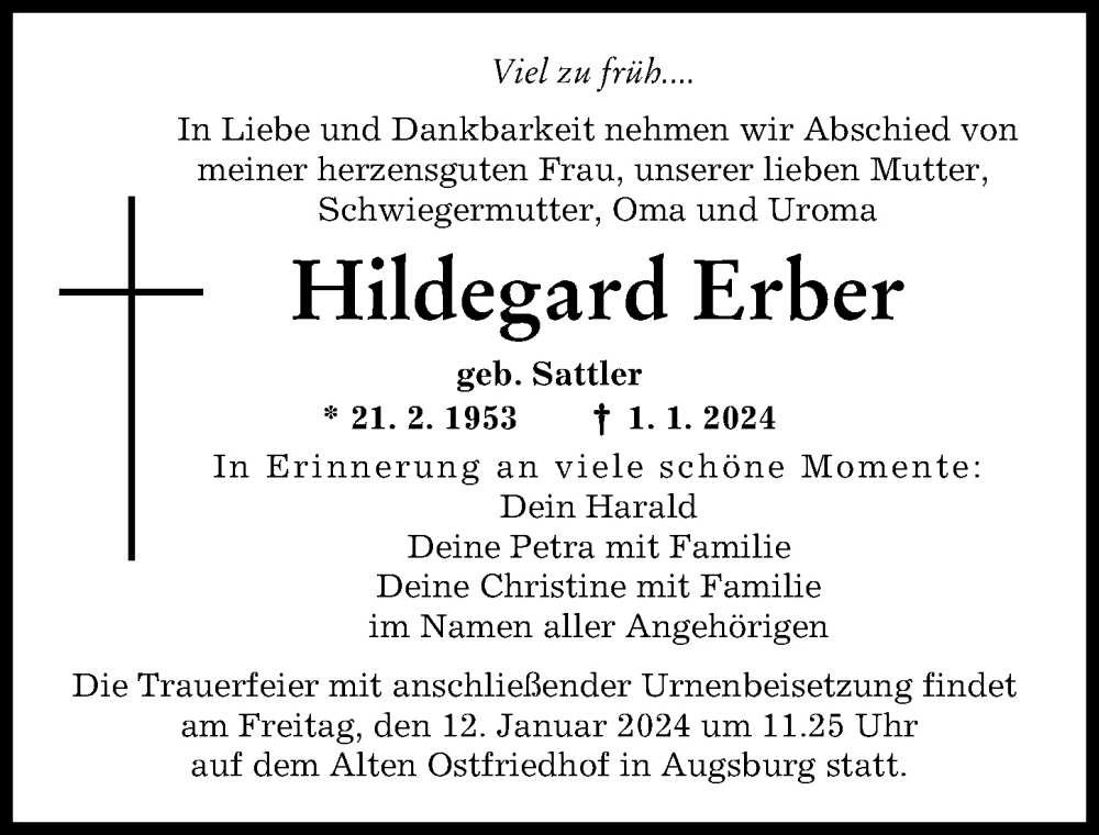 Traueranzeige von Hildegard Erber von Augsburger Allgemeine