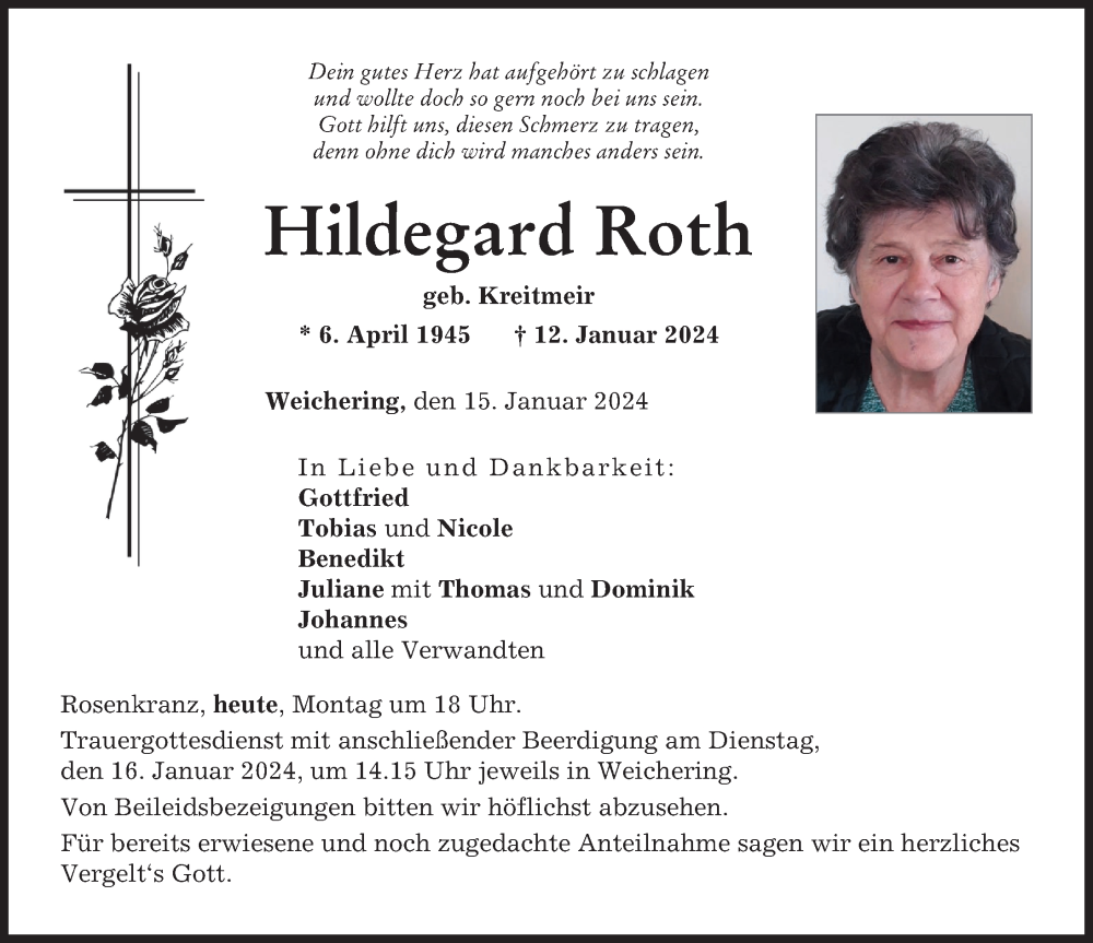 Traueranzeige von Hildegard Roth von Neuburger Rundschau