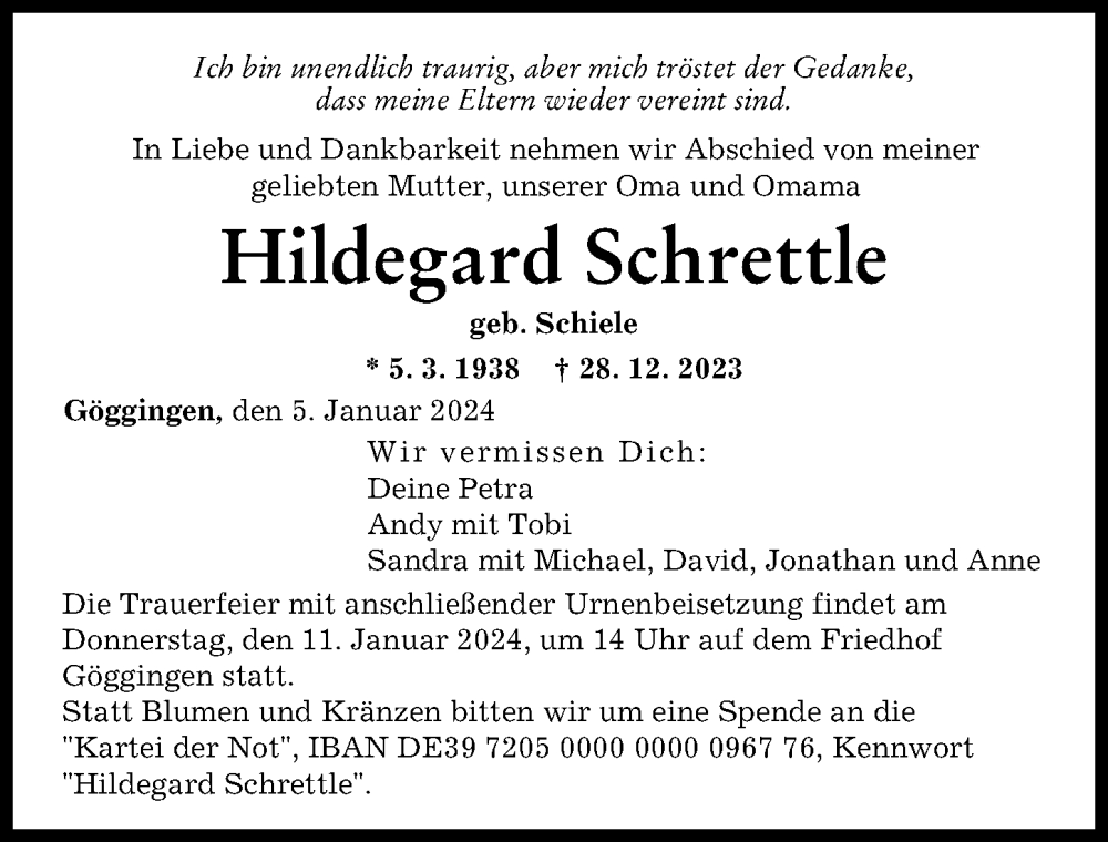 Traueranzeigen Von Hildegard Schrettle Augsburger Allgemeine Zeitung