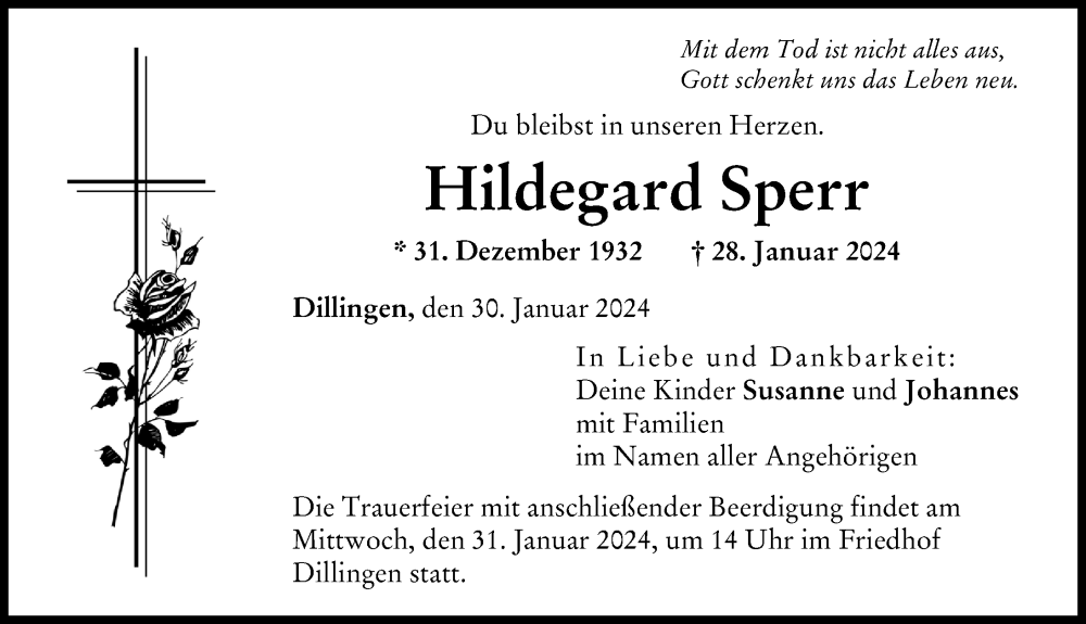 Traueranzeige von Hildegard Sperr von Donau Zeitung